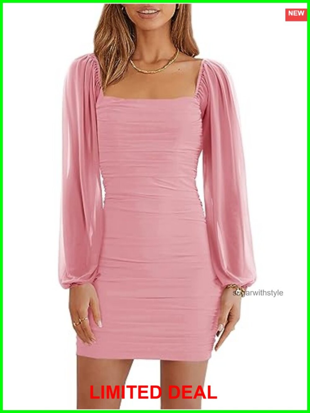 Women Mesh Long Sleeve Square Neck Ruched Bodycon Mini Dress Club Party